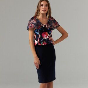 Joseph Ribkoff Floral Fitted Top Side Zip Rhinestone Brooch Size 4 NWOT NEW